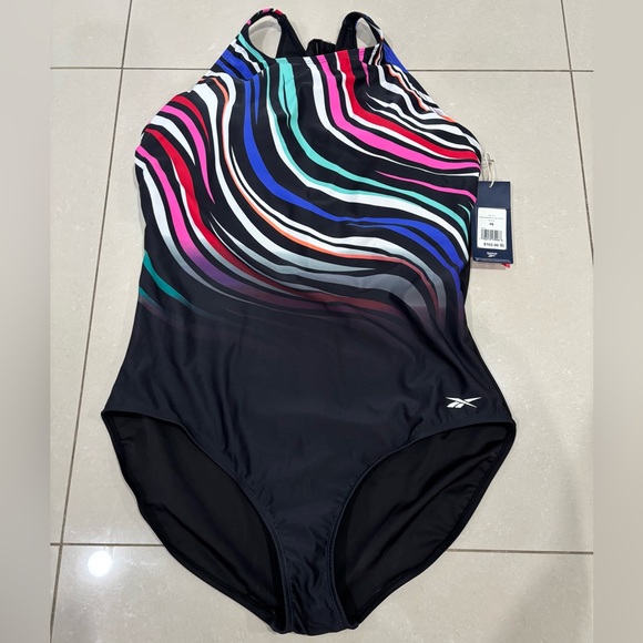 Reebok Black Swimsuit with Vibrant Stripes - Picture 1 of 3